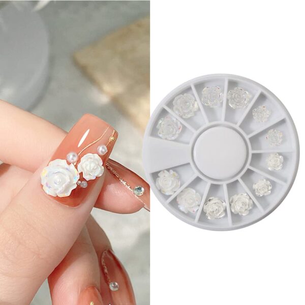S.A.V.I 12PCs 3D Rose Flower Nail Decorations White & Clear Set for Salon-Quality Manicures, DIY Fashion Trending Nail Accessories