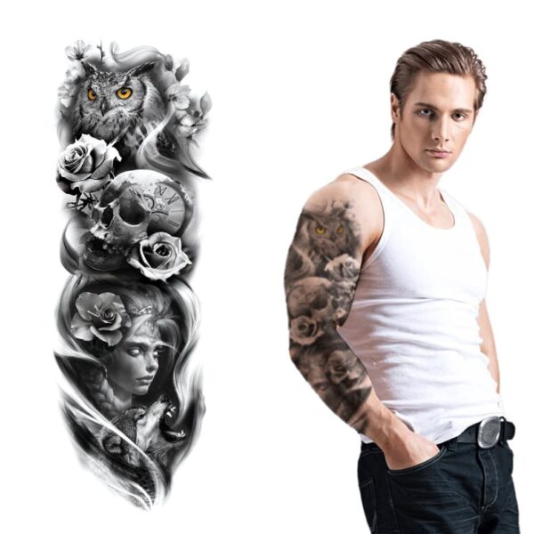 S.A.V.I Full Arm Temporary Tattoo, Owl, Skull, Wolf, Flowers Tattoo Sticker, Size 48x17CM