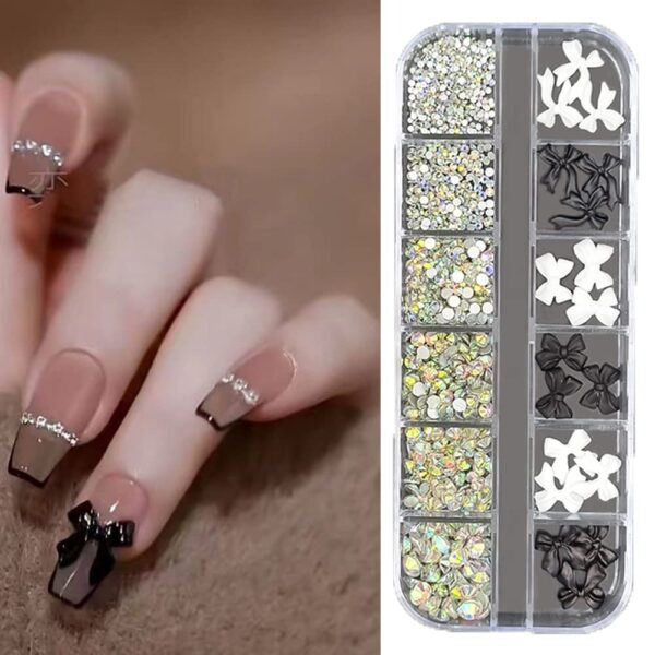 S.A.V.I 12 Grids Box 3D Black & White Bowknot AB Glass Rhinestones for Nail Art