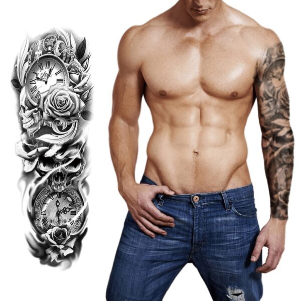 S.A.V.I Full Arm Tattoo, Classic Clock, Skull Temporary Tattoo Sticker, Size 48x17CM