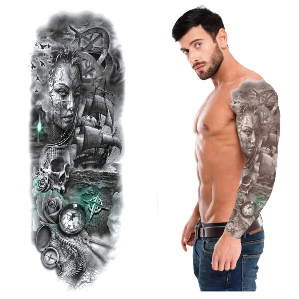 S.A.V.I Full Arm, Hand Temporary Tattoo For Men, Beautiful Girl Green Eyes Roses Skull Compass Boat Tattoo Sticker Size 48x17CM