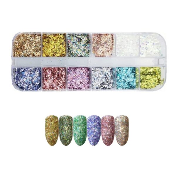 S.A.V.I 12 Grids Box Broken Shattered Glitter Glass Fragments, Nail Art Decorations