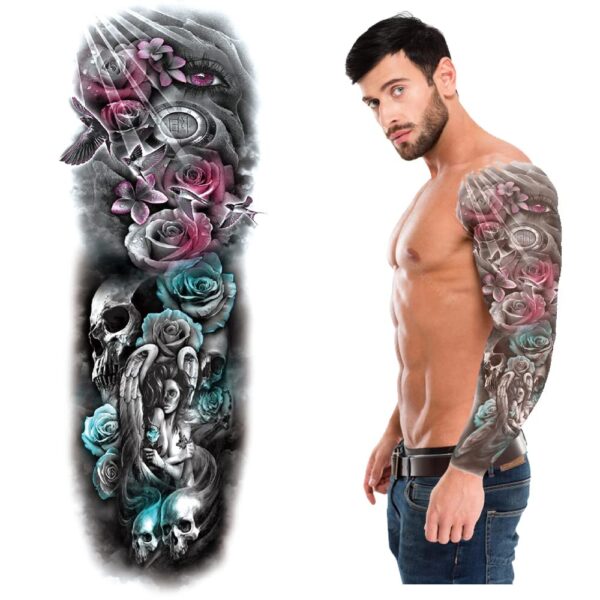 S.A.V.I Full Arm, Hand Temporary Tattoo For Men, Beautiful Eyes Roses Bird Skulls Wing Girl Tattoo Sticker Size 48x17CM
