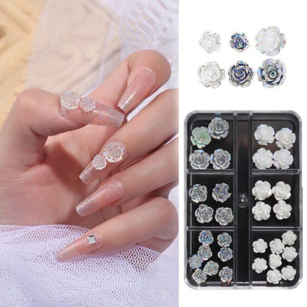 S.A.V.I 6-Grid 3D White & Clear Rose Nail Art Decorations - DIY Manicure Accessory Kit for Women & Girls