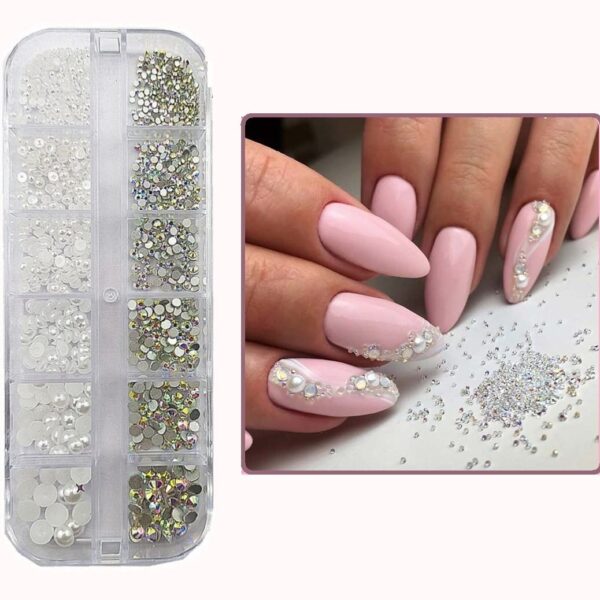 S.A.V.I 12 Grids White Flat Pearls, AB Glass Flat Crystals, Rhinestones Stones Nail Art