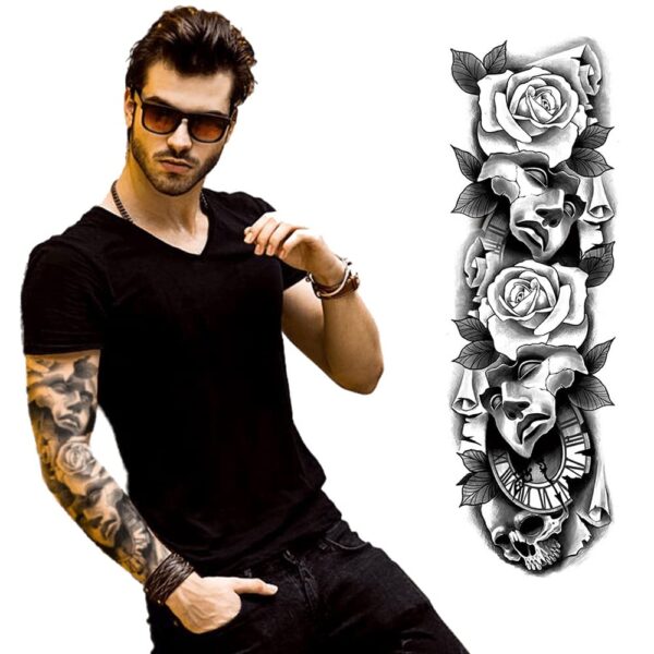 S.A.V.I Full Arm Tattoo, Rose Flowers, Face Mask, Clock Temporary Tattoo Sticker, Size 48x17CM