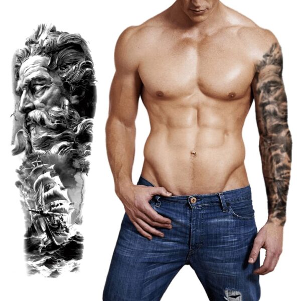 S.A.V.I Full Arm Tattoo, Boat Sea Strom, Cool Old Man Temporary Tattoo Sticker, Size 48x17CM