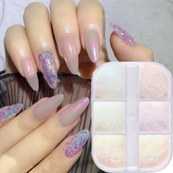 S.A.V.I 6 Grids Nail Art Kit Box, Aurora Chrome Pigment Mirror Powder, Pearl Glitter, Nail Art Dust Design