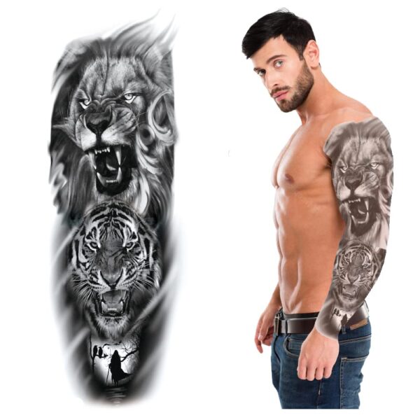 S.A.V.I Full Arm, Hand Temporary Tattoo For Men, Roaring Lion Tiger Ghost Crows Tattoo Sticker Size 48x17CM