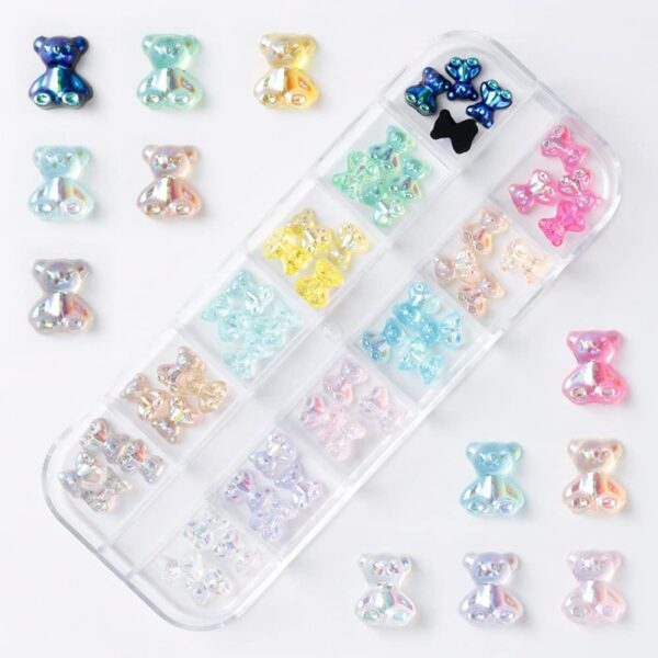 S.A.V.I 3D Aurora Teddy Bear Nail Decorations - 48 PCS, 12 Grids, Nail Art