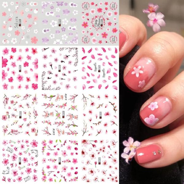 S.A.V.I 12 Sheets of DIY Nail Art Water Transfer Decals, Pink Flower Cherry Blossom, Nail Stickers, Nail Tattoo Stickers