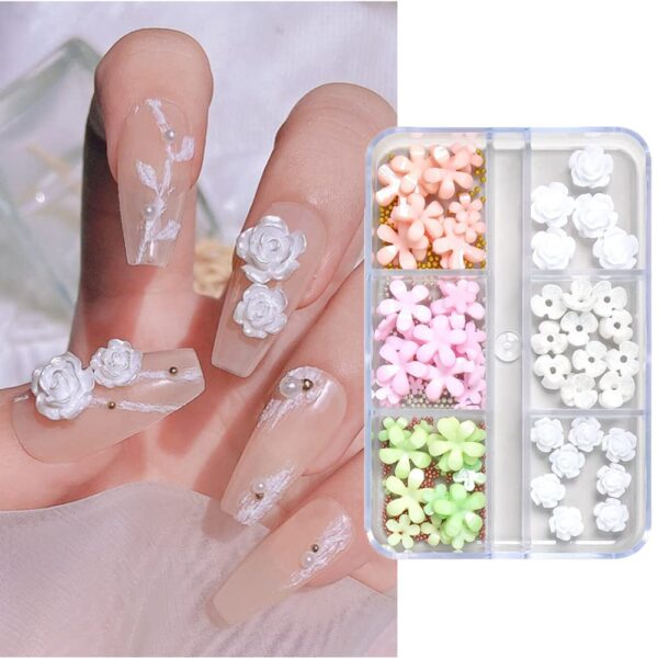 S.A.V.I DIY 3D Nail Art Decoration Accessories - 6 Grids Box of White Camellia Shell Flower and Rose Metal Beads