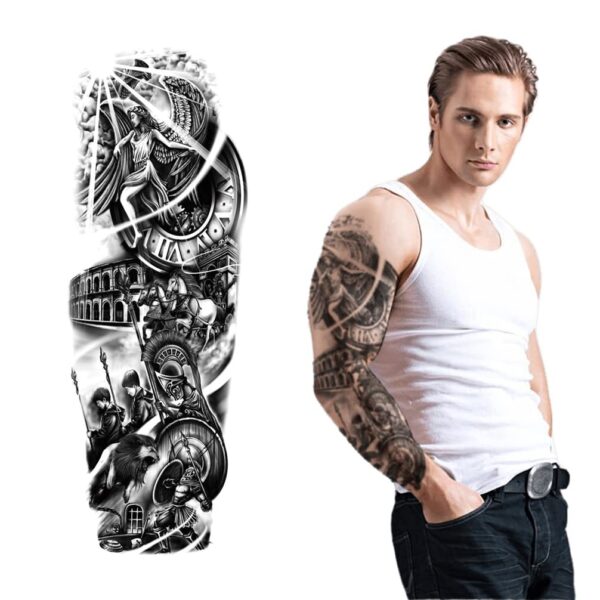 S.A.V.I Full Arm Tattoo, Angel Wings, Soldiers War Scene, Horses, Lion Temporary Tattoo Sticker, Size 48x17CM