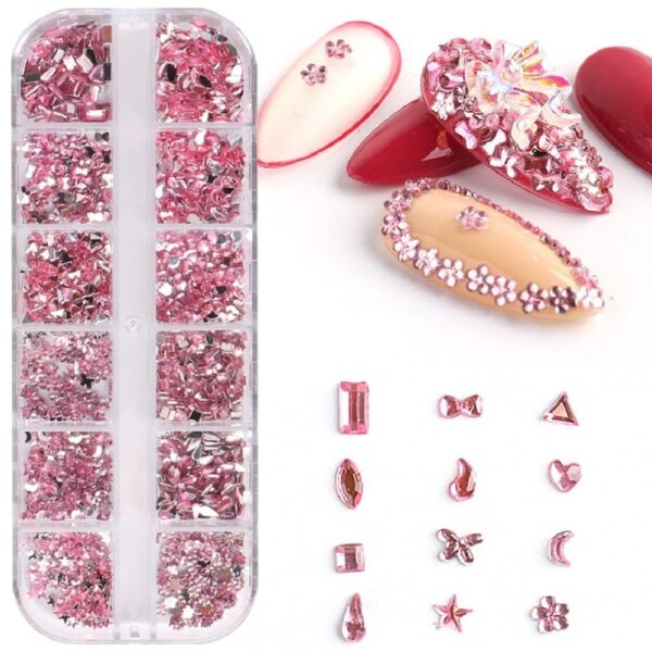 S.A.V.I 12 Grids Shapes Pink Crystal Stone Rhinestone Butterfly Star Moon Flower DIY Nail Art