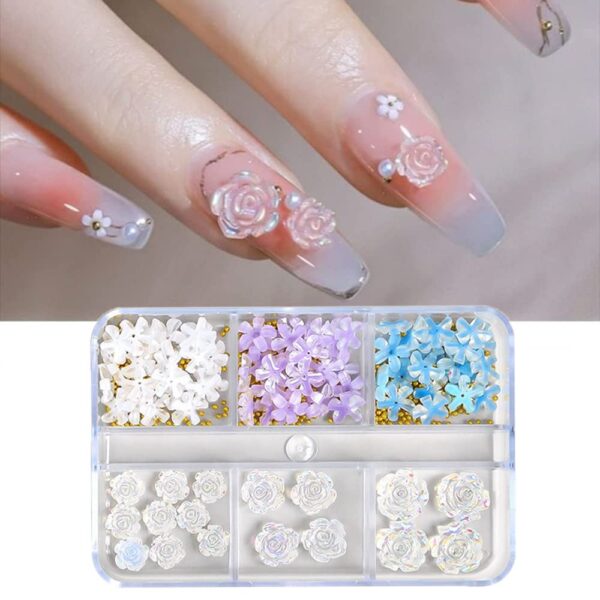 S.A.V.I 6-Grid 3D Five Petal Flower Metal Beads for Transparent Camellia Rose Nail Art Decoration DIY Manicure