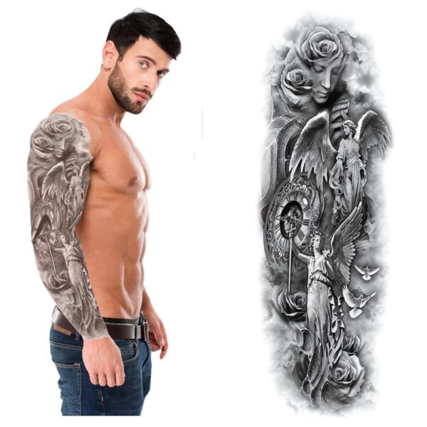 S.A.V.I Full Arm, Hand Temporary Tattoo For Men, Virgin Mary Clock Angel Jesus Wings Tattoo Sticker Size 48x17CM
