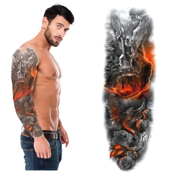 S.A.V.I Full Arm, Hand Temporary Tattoo For Men, Burning Lava Angel of Death Tattoo Sticker Size 48x17CM
