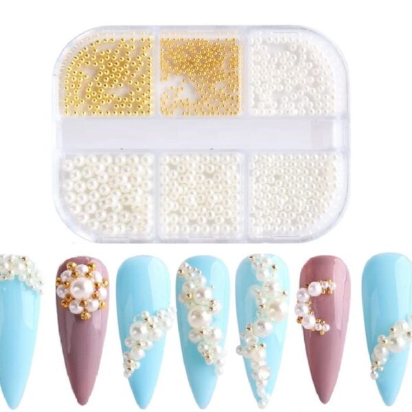 S.A.V.I 6 Mixed Sizes Full Circle Metal Steel Beads Balls Natural Color Pearl Nail Art