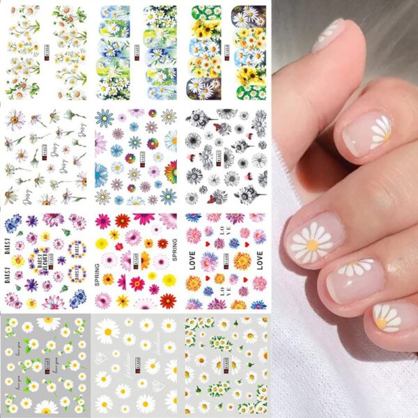 S.A.V.I 12 Sheets Colorful Daisy Flower, Water Transfer Nail Sticker, Decals DIY for Manicure