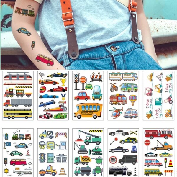 S.A.V.I 10PCS. Cars, Buses, Traffic, Crane, Police car Colorful Temporary Tattoo Stickers For Kids
