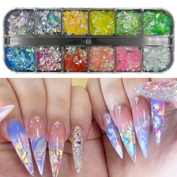 S.A.V.I Nail Art Palette, 12 Colors Aurora Irregular Nail Flakes