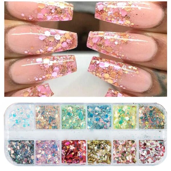 S.A.V.I 12 Grids Different Colors Mixed Sizes Sequins, Nail Art