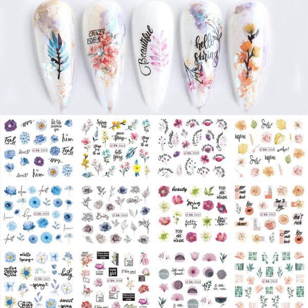 S.A.V.I 12 Sheets Water Transfer, Nail Fashion Sticker Decal, Flower Leaf DIY Manicure For Women