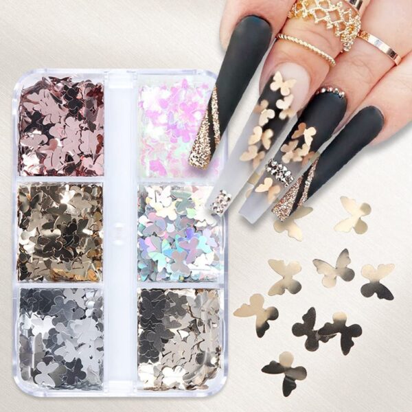 S.A.V.I 6 Grids Holographic Butterfly Nail Art, Charms Sequins Metallic, Shining Flakes Decoration