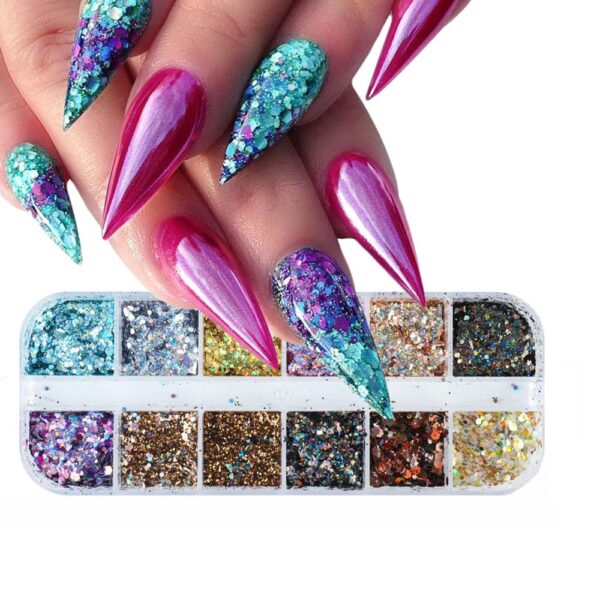 S.A.V.I 12 Grids Nail Sequins Different Colors Mixed Sizes Nail Art
