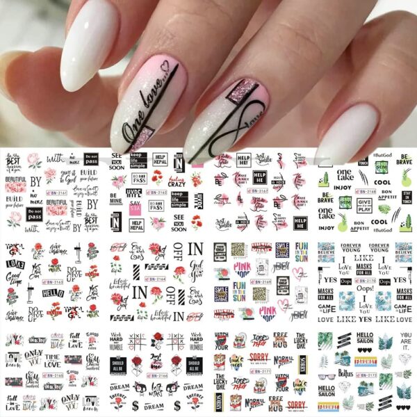 S.A.V.I 12 Sheets Colorful Rose Heart Text, Water Transfer Nail Sticker, Decals DIY for Manicure