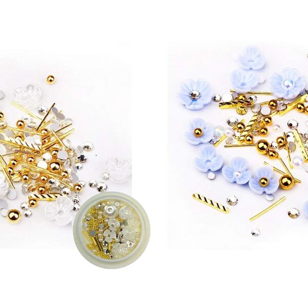 S.A.V.I (Set of 2) Nail Art Set Rivet Rhinestone Resin Decoration Shell Flower White and Blue with Pearls Golden Beads