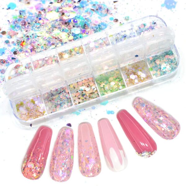 S.A.V.I 1PC. DIY Nail Art 12 Colors Sequins Palette Glitter Hexagon Shape Mermaid Style Manicure Flakes