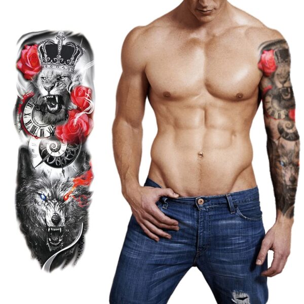 S.A.V.I Full Arm Tattoo, Crowned King Lion, Angry Wolf Temporary Tattoo Sticker, Size 48x17CM