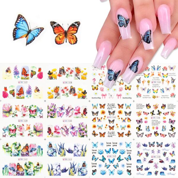 S.A.V.I 12 Sheets of DIY Nail Art Water Transfer Decals Flowers Butterflies Nail Tattoo Stickers - Multicolor