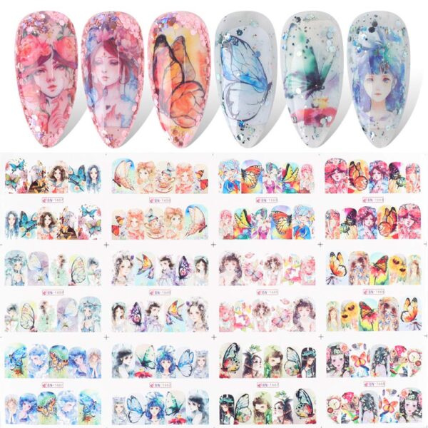 S.A.V.I 12 Sheets of DIY Nail Art Water Transfer Decals Japanese Girls Butterflies Nail Tattoo Stickers