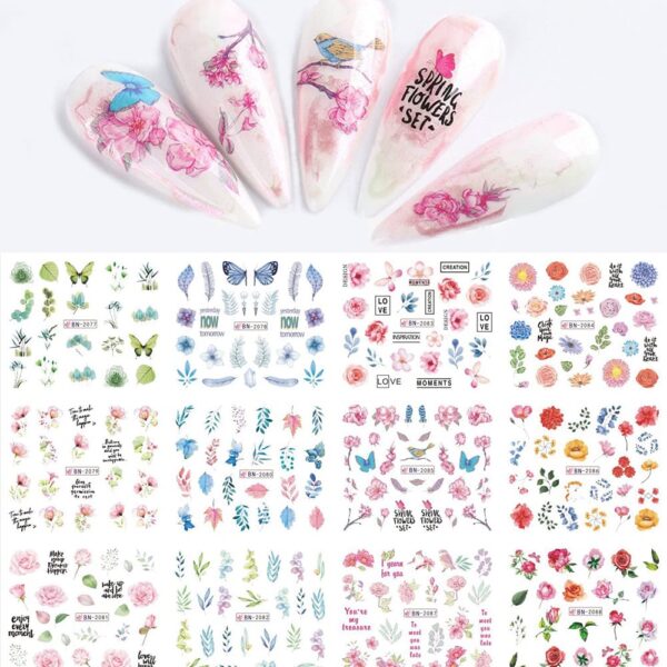 S.A.V.I 12 Sheets Water Transfer, Nail Fashion Sticker Decal, Leaf Flower Butterfly Bird Rose, DIY Manicure