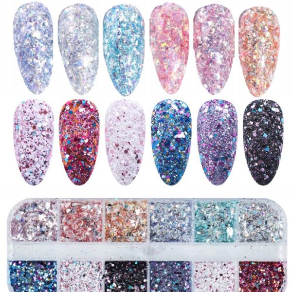 S.A.V.I 12 Grids Different Colors Aurora Glitter, Irregular Opal Flakes, Sequins Nail Art