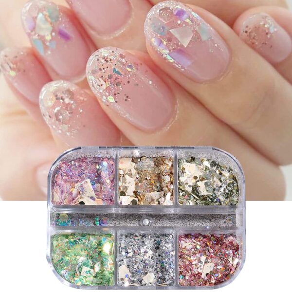 S.A.V.I 6 Grids Box Shell Flakes Sequins Glitter Nail Art Accessories DIY Manicure for Women Girls