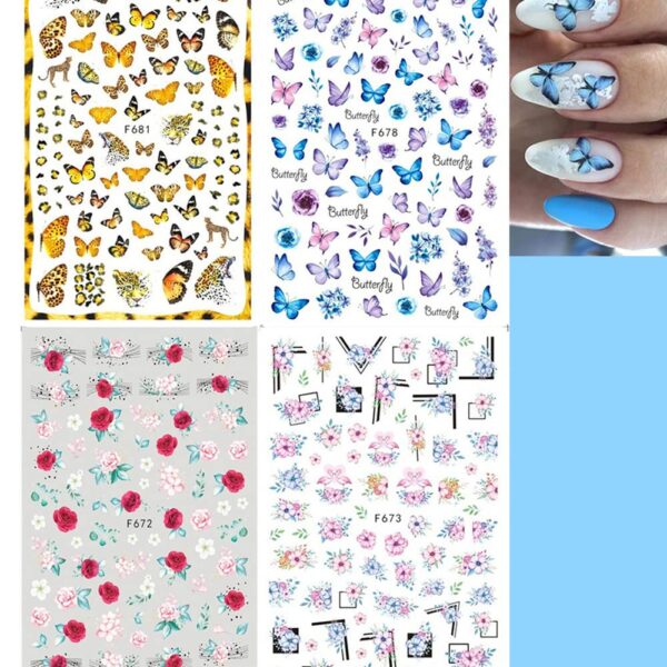 S.A.V.I 4 Sheets Nail Self-Adhesive, Butterflies, Flowers, Fashion Nail Sticker, Art Accessories DIY Manicure for Girls Women