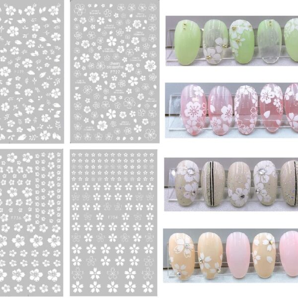 S.A.V.I Paper 4 Sheets Set Self Adhesive 3D White Flower Floral Design Nail Art Stickers
