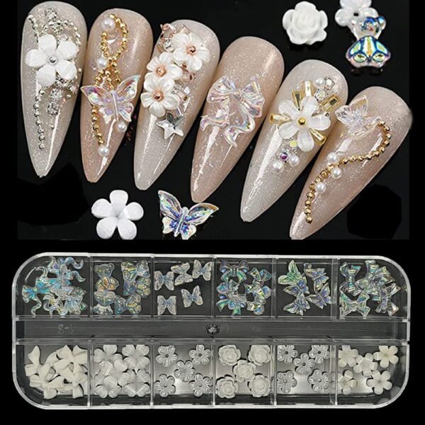S.A.V.I 3D Shell Flower, Nail Art Palette Decorations, 12 Grids Arora Bow Butterfly