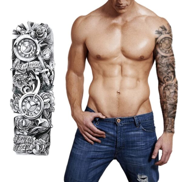 S.A.V.I Full Arm Tattoo, Ancient Old Clock Temporary Tattoo Sticker, Size 48x17CM