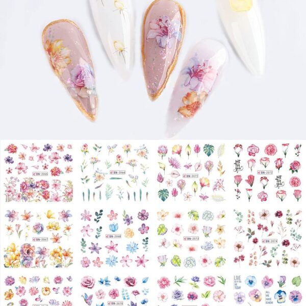 S.A.V.I 12 Sheets Water Transfer, Nail Fashion Sticker Decal, Rose Butterfly Leaf Flower DIY Manicure