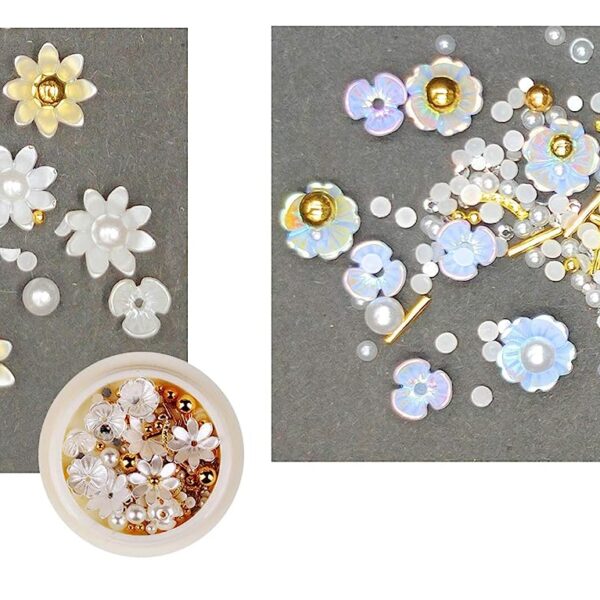 S.A.V.I (Set of 2) Nail Art Set Rivet Rhinestone Resin Decoration Shell Flower Blue and White with Pearls Golden Beads Mixed Sizes For Manicure