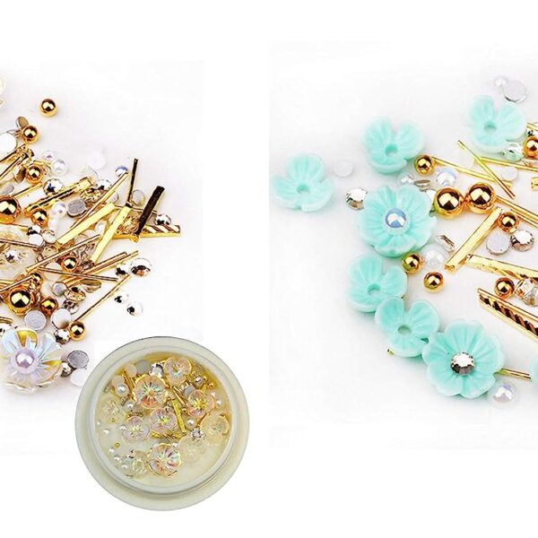 S.A.V.I (Set of 2) Nail Art Set Rivet Rhinestone Resin Decoration Shell Flower Green Color Golden Beads