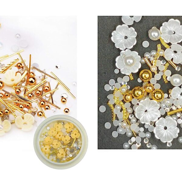 S.A.V.I (Set of 2) Nail Art Set Rivet Rhinestone Resin Decoration Shell Flower White Pearl Golden Beads Yellow Color