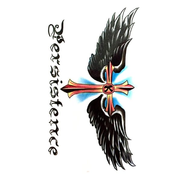 S.A.V.I Temporary Tattoo Cross With Wings Persistence Text Design Size 10.5x6cm - 1pc.