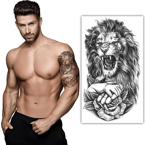S.A.V.I Angry Lion Realistic Waterproof Temporary Tattoo Sticker - Black, Men & Women, 21x11cm