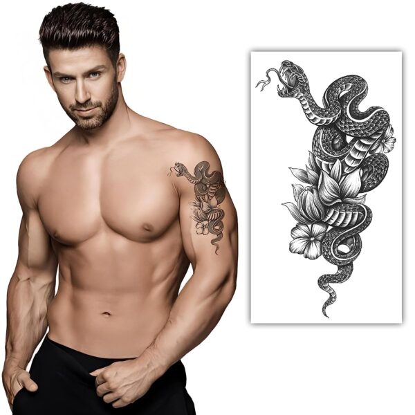 S.A.V.I Cobra on Flowers 3D Waterproof Tattoo Sticker - Realistic Black Color - Size 21x11cm - Men and Women