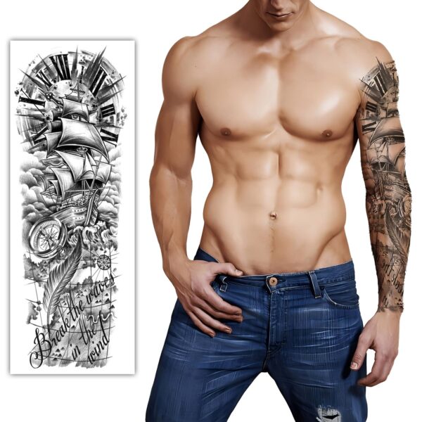 S.A.V.I Sail Boat & Clock Full Arm Temporary Tattoo - Men and Women - 48x17cm